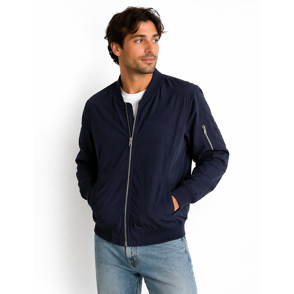Denim & Flower Ricky Singh Mens Navy Blue Full Zip‎ Bomber Jacket  L NWOT